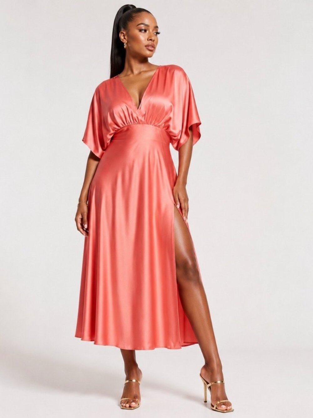 ASOS DESIGN Curve Size US 16 Coral wrap front batwing sleeve satin midi dress